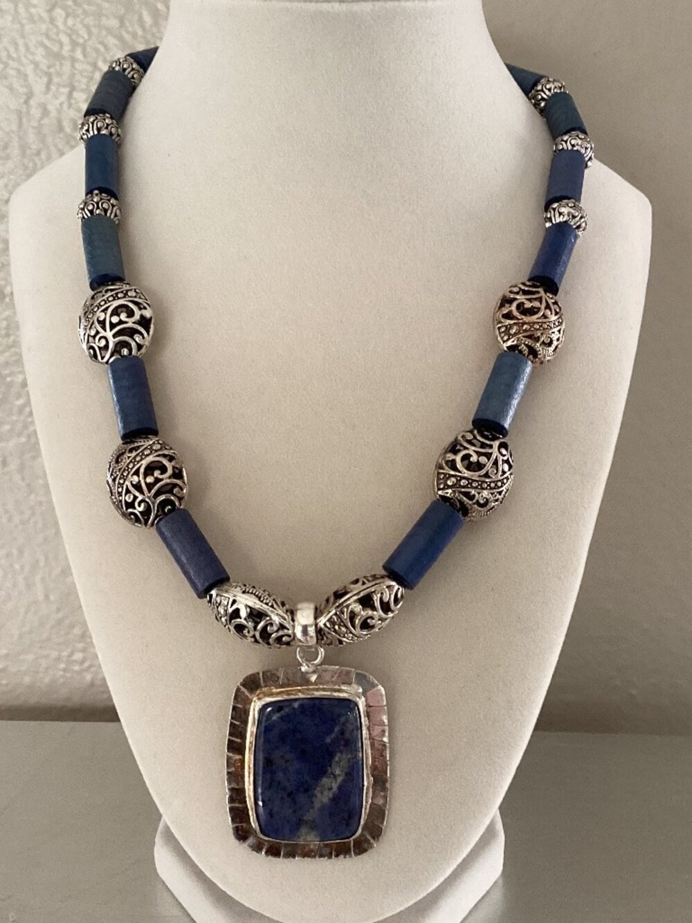 Blue and silver beaded pendant necklace with artisan clasp, 22 inches